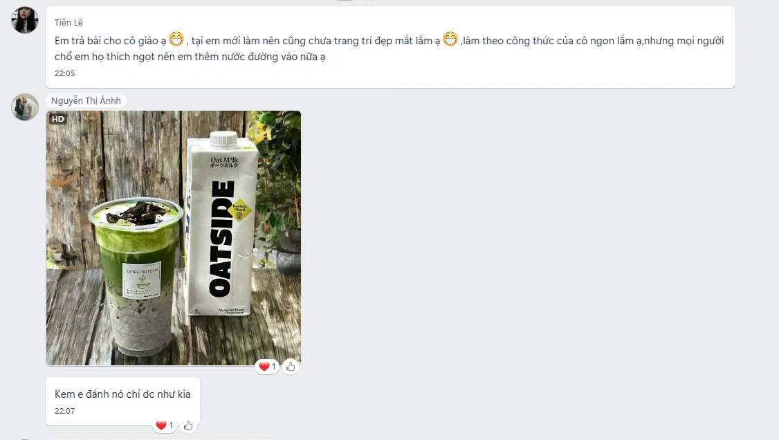 Tin nhắn học viên khóa matcha online kèm ảnh ly matcha latte oatside vừa pha