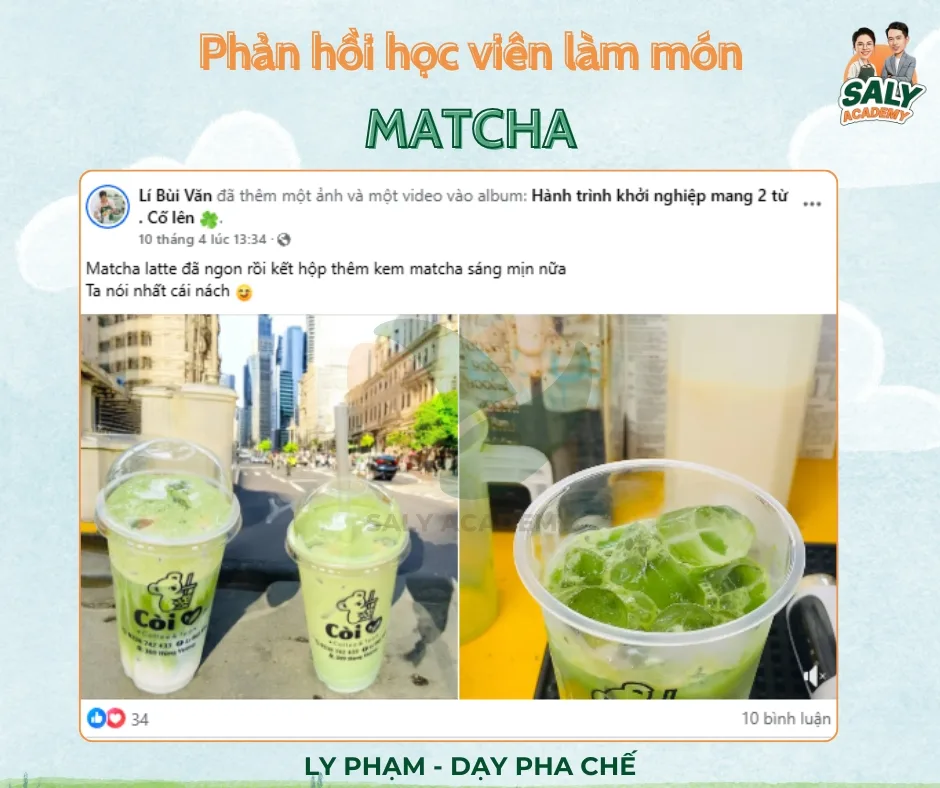 Bài đăng học viên chia sẻ hành trình khởi nghiệp với món matcha latte