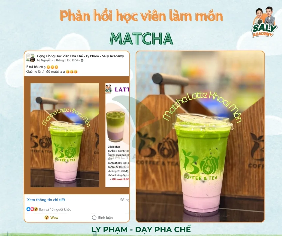 Bài đăng học viên với ly matcha latte và ly trà sữa tại quán riêng