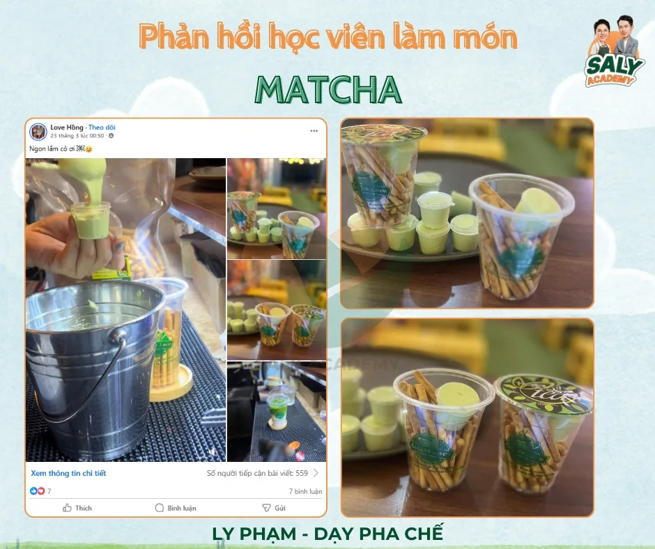 Bài đăng học viên đánh matcha bằng máy và thành phẩm nhiều ly