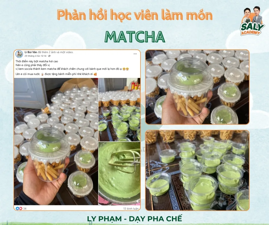 Bài đăng học viên với khay nhiều ly matcha chuẩn bị giao khách