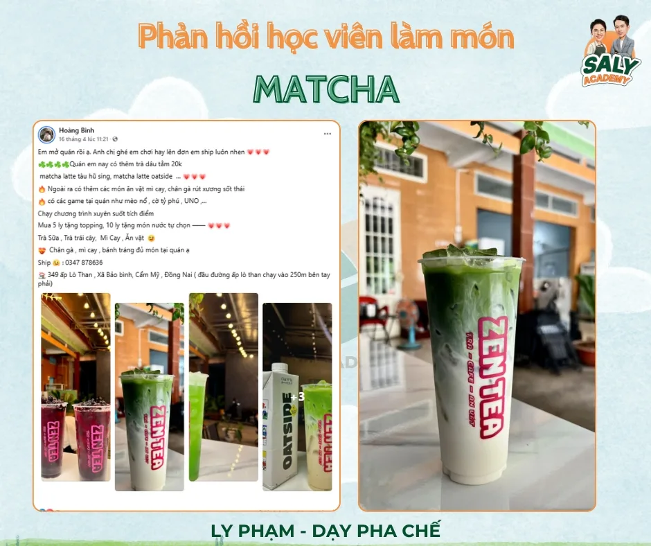 Bài đăng học viên bán matcha tại quầy trong trung tâm thương mại