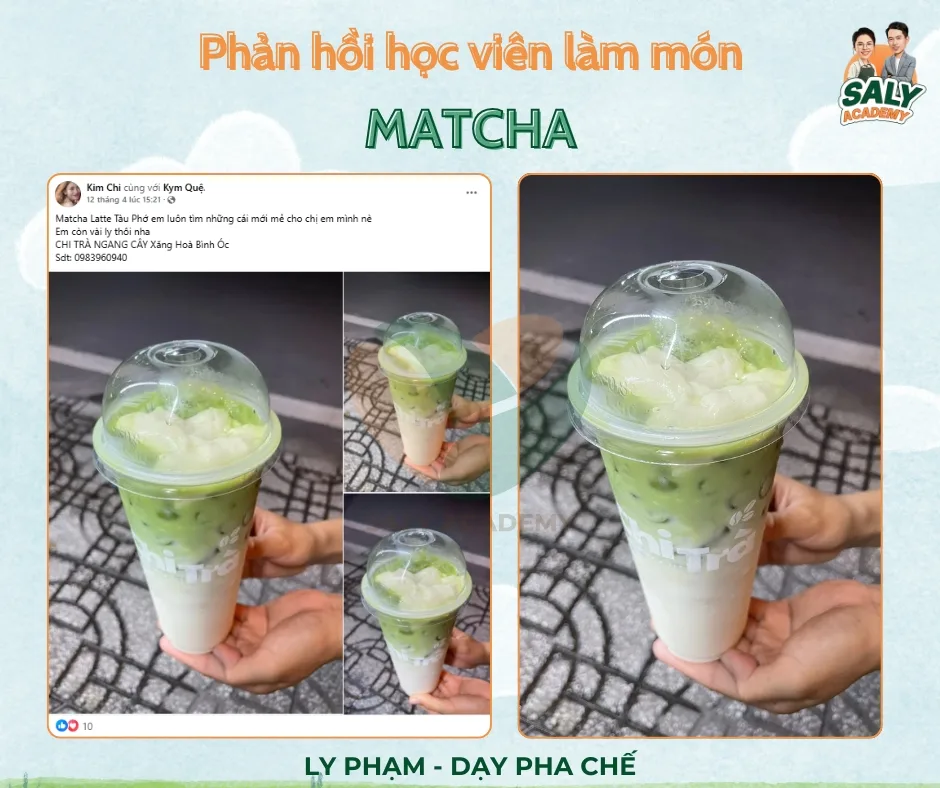 Bài đăng học viên khoe hai ly matcha latte tự pha tại nhà