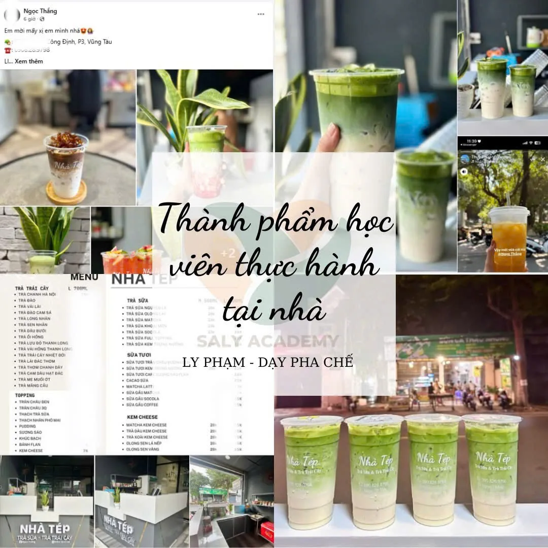 Bộ ảnh thành phẩm matcha học viên thực hành tại nhà, kèm bảng menu quán